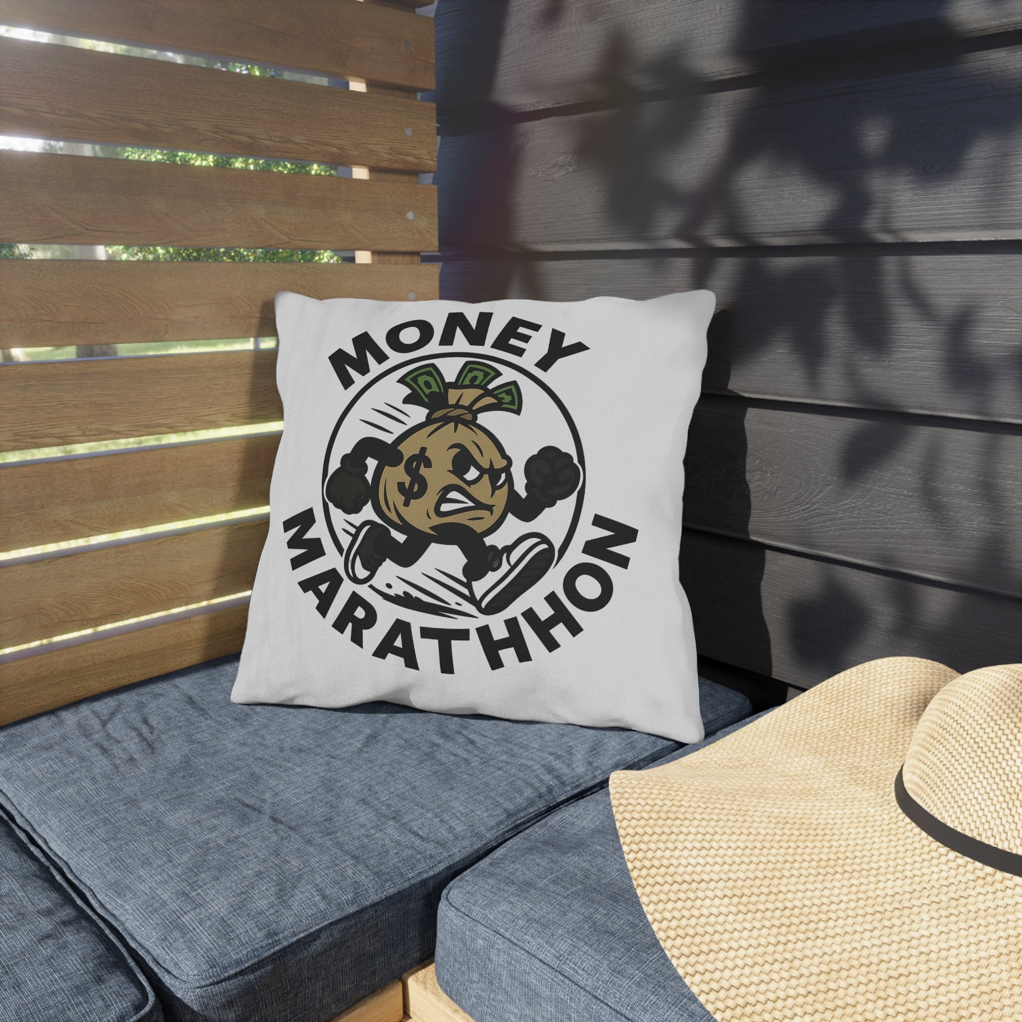 Funny Outdoor Pillows, Money Marathon Throw Cushion, Garden Decor, Easy Gift, Outdoor Furniture Accessory